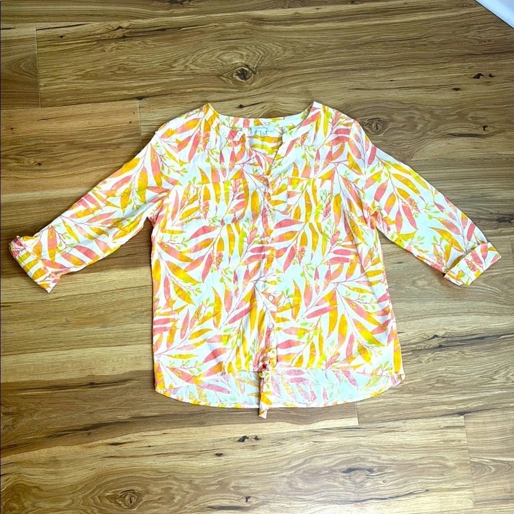 CORAL BAY Womens Leaf Print Convertible Sleeve Linen Blend Button Up Shirt Sz XL - Picture 1 of 8